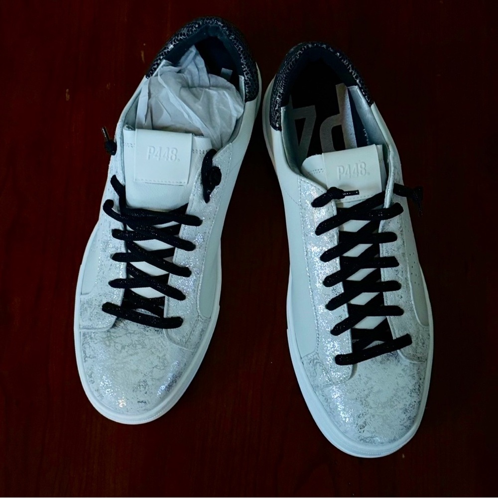 P448 Silver and White Sneakers Thea Platform Leather Sz 43 fits 11 women’s - Picture 11 of 11
